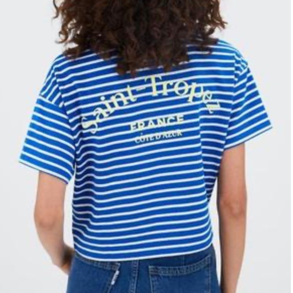 Stradivarius Blue and White “Saint Tropez France” Striped Cropped Shirt